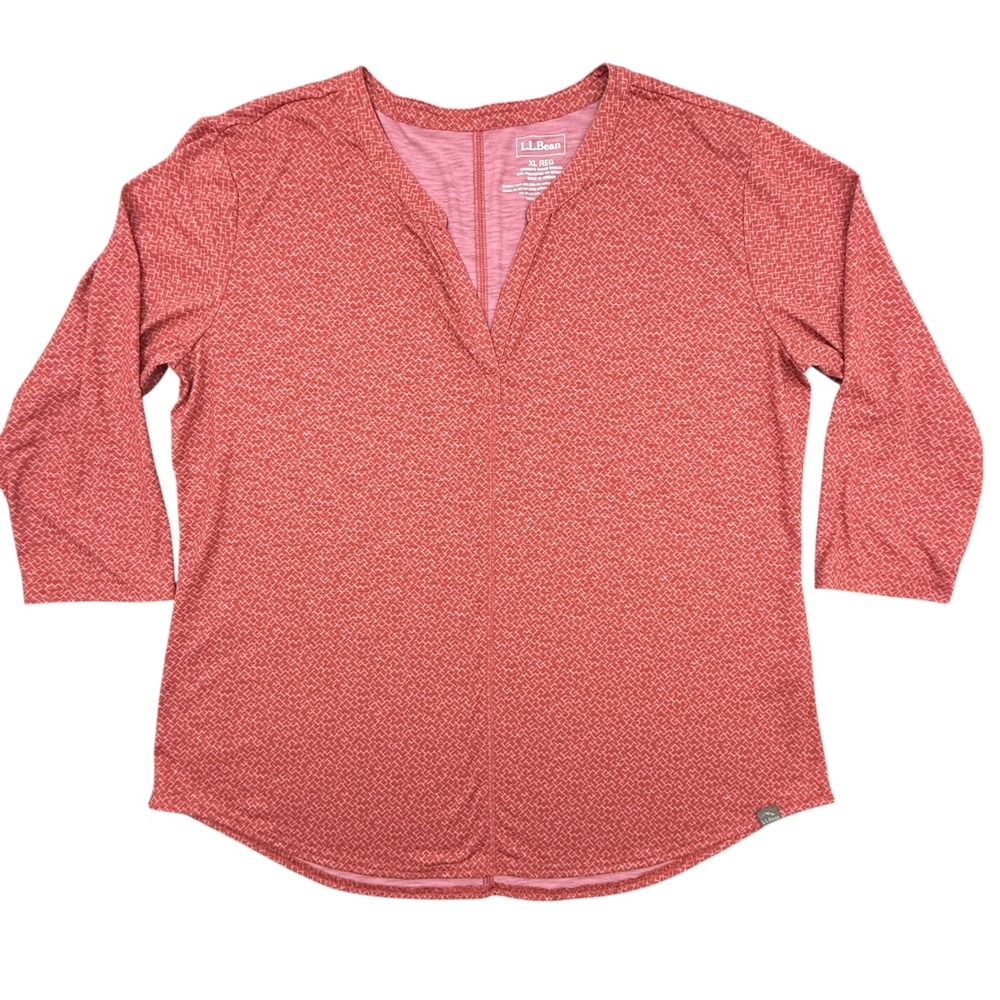 LL Bean Tunic Top Womens XL Regular Red Geometric Split Neck 3/4 Sleeve Casual